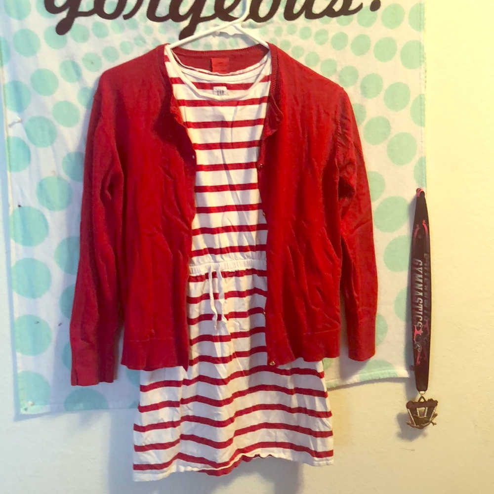 Red and White dress with red cardigan
